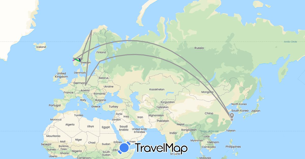 TravelMap itinerary: driving, bus, plane, train in China, Czech Republic, Finland, Norway (Asia, Europe)